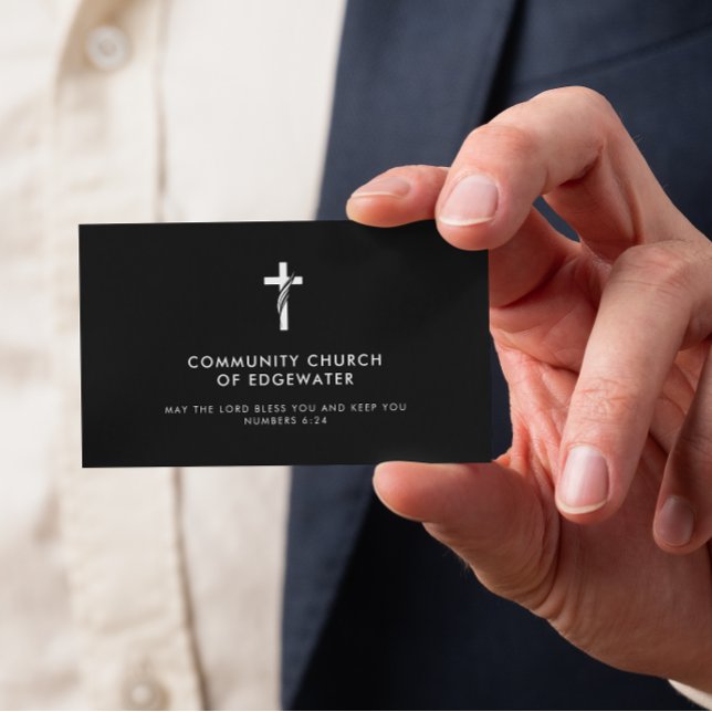 Church Pastor Modern Minimal Cross Faith Black Business Card (Creator Uploaded)