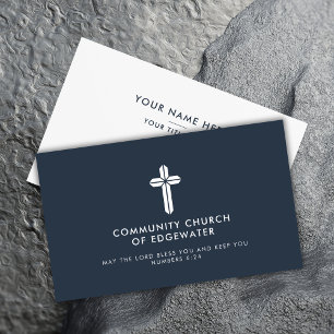 Church Pastor Modern Minimal Religious Cross Navy Business Card