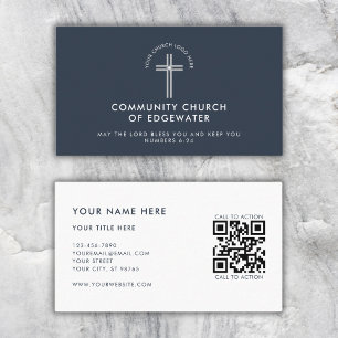 Church Pastor Modern QR code Custom Logo Navy Business Card