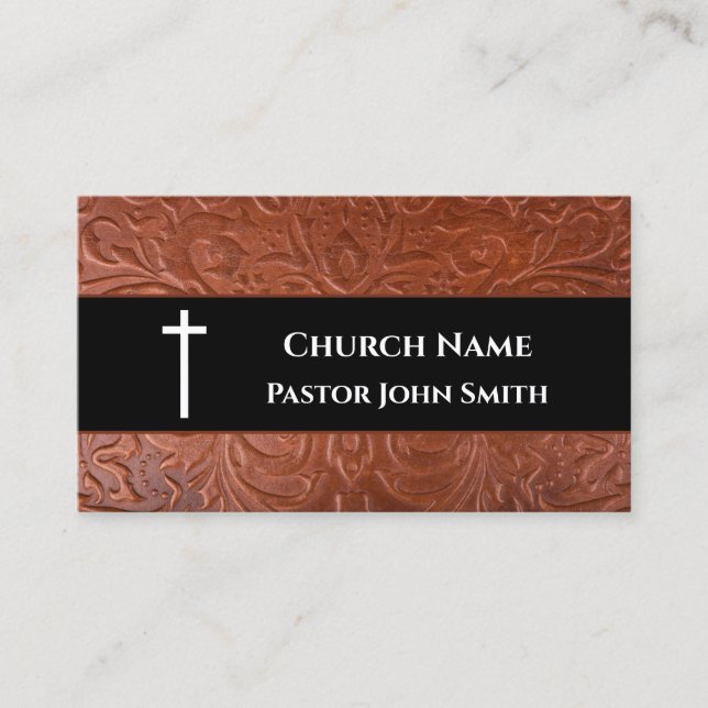 Church Pastor Rustic Leather Black Christian Business Card (Front)