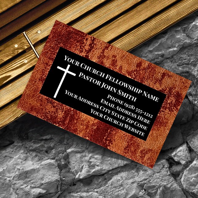 Church Pastor RUSTIC Leather Christian Business Card (Rustic Faux Leather Black and White Church Pastor Business Cards)