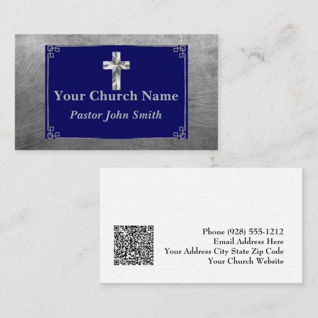 Church Pastor Silver Blue Cross Elegant Border Business Card (Front/Back)