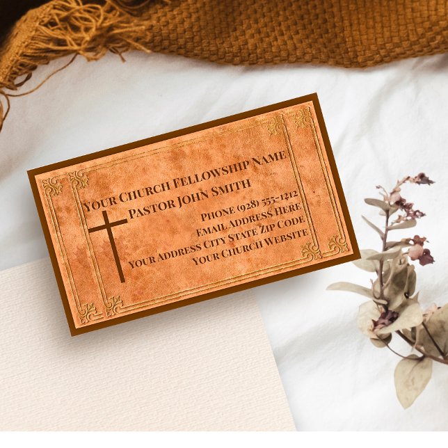 Church Pastor Stamped Leather Elegant Christian Business Card (Church Pastor Business Cards Rustic Leather like design)