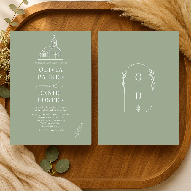 Church Religious Sage Green Line Art Wedding Invitation (Creator Uploaded)