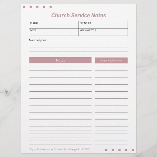 Church Service Christian Pink Notes  Custom Letterhead (Front)