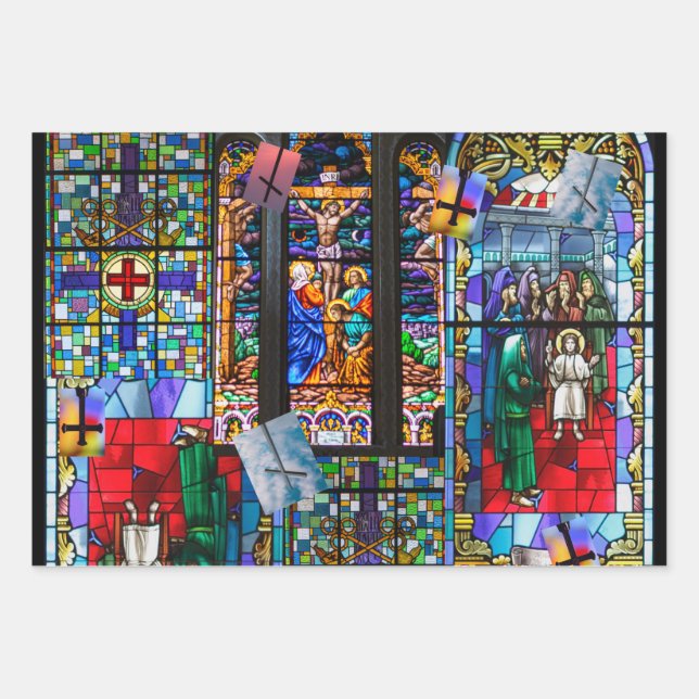 Church Stained Glass and Cross  Wrapping Paper Sheet (Front)