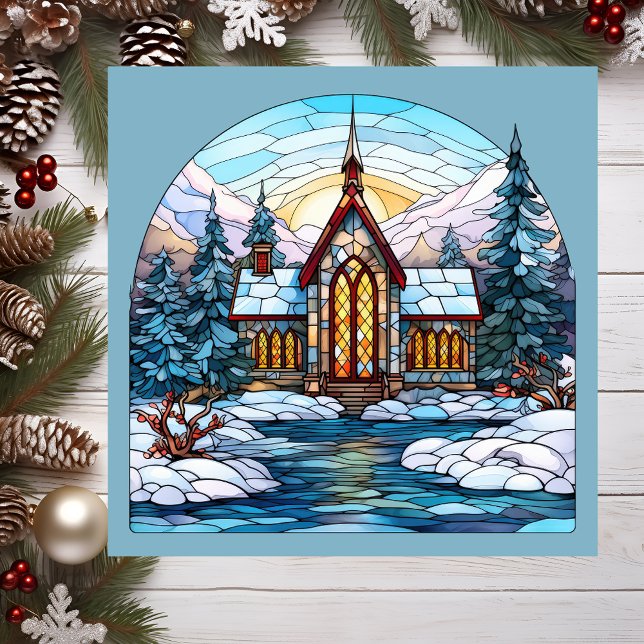 Church Steeple Christmas Magnetic Card (Stained glass church scene.)