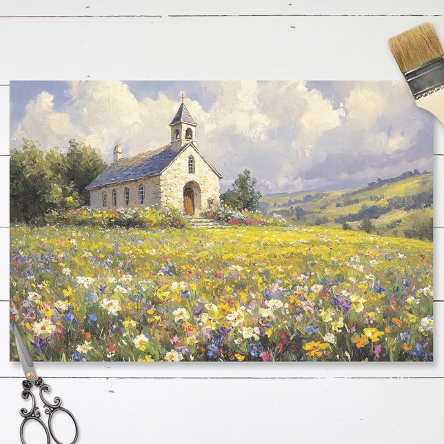 Church Surrounded By Wildflowers Decoupage Tissue Paper (Creator Uploaded)