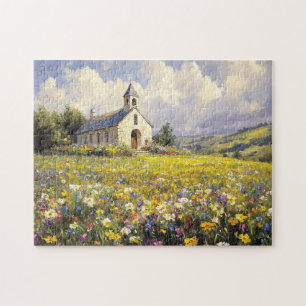 Church Surrounded By Wildflowers Painting Jigsaw Puzzle
