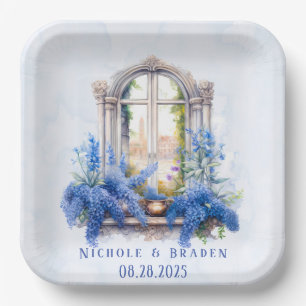 Church View Blue Watercolor Elegant Wedding Paper Plate