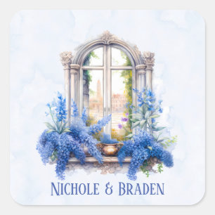 Church View Blue Watercolor Elegant Wedding Square Sticker