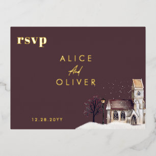 Church Watercolor Winter Religious Ceremony RSVP Foil Invitation Postcard