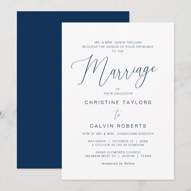 Church Wedding, Both Parents Hosting, Navy Blue Invitation (Front/Back)
