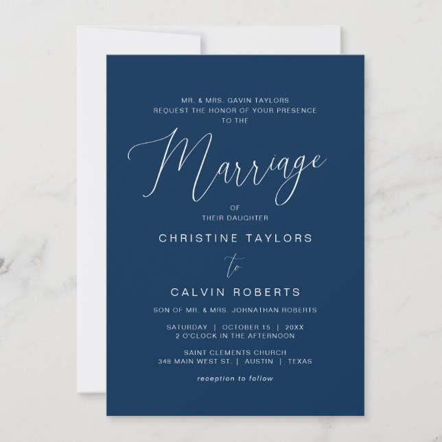 Church Wedding, Both Parents Hosting, Navy Blue Invitation (Front)