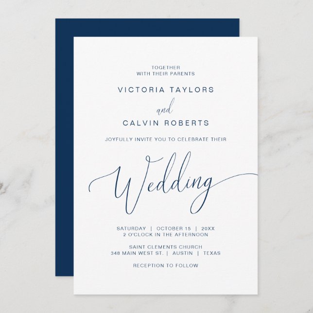 Church Wedding Ceremony Celebration, Navy Blue Invitation (Front/Back)