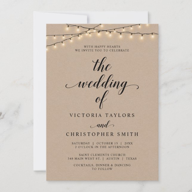Church Wedding Ceremony, String Lights, Kraft Invi Invitation (Front)