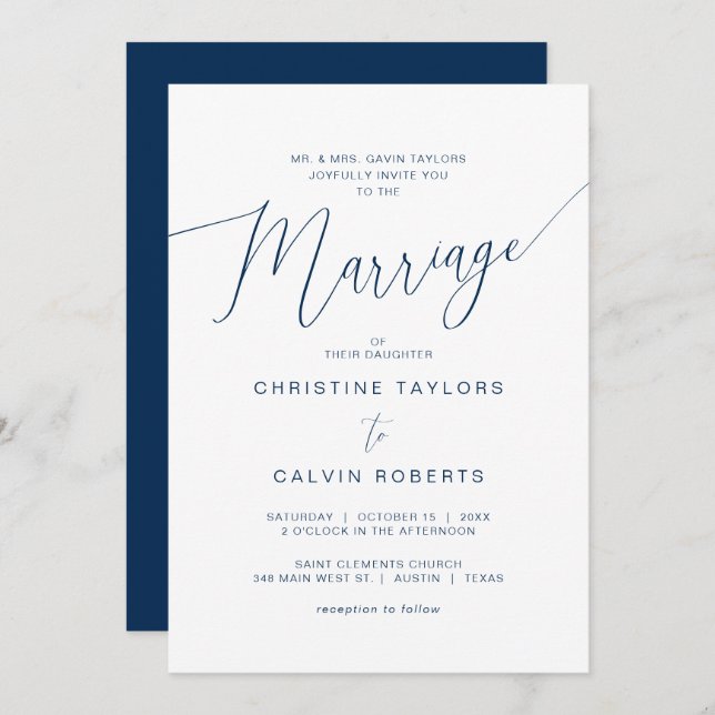 Church Wedding, Parents Hosting, Navy Blue Script Invitation (Front/Back)