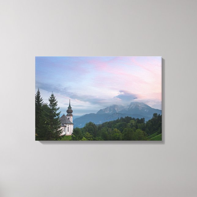 Church with Alps mountains at sunset Canvas Print (Front)