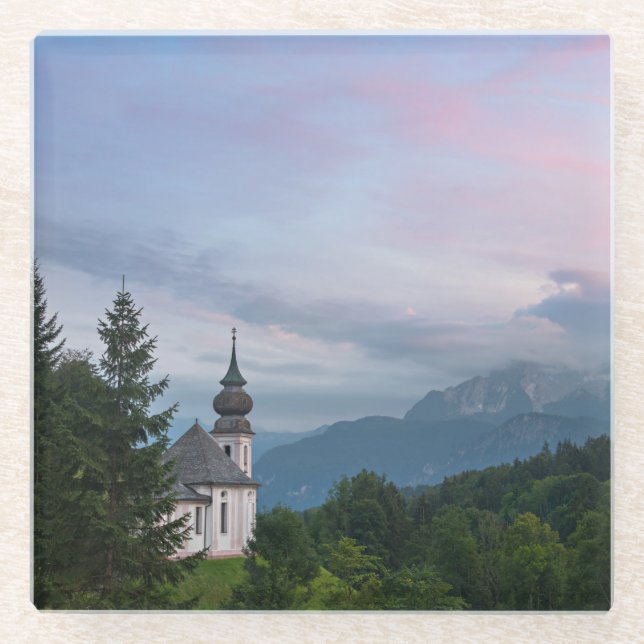 Church with Alps mountains at sunset Glass Coaster (Front)