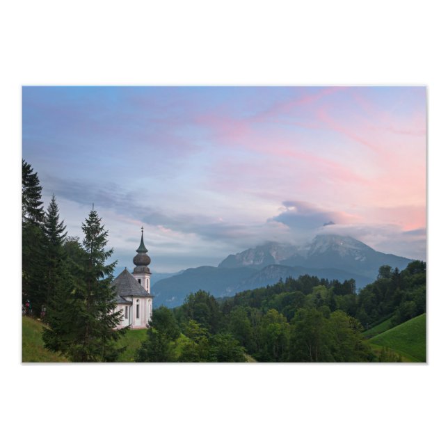 Church with Alps mountains at sunset Photo Print (Front)
