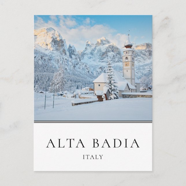 Church with Dolomites in winter in Alta Badia Postcard (Front)