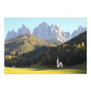 Church with Dolomites mountain background photo Print