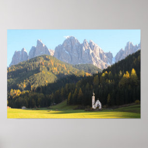 Church with Dolomites mountain background Poster