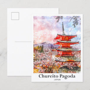 Chureito Pagoda Japan Travel Watercolor Hand Drawn Postcard
