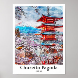 Chureito Pagoda Japan Travel Watercolor Hand Drawn Poster