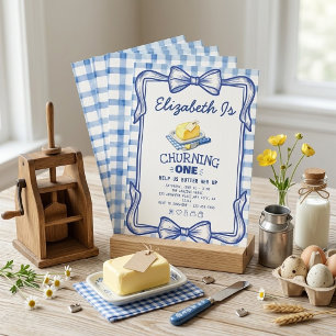 Churning One Butter First Birthday Blue Gingham Invitation