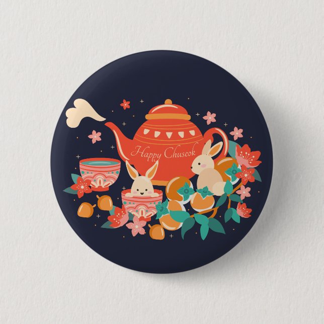 Chuseok Mid-Autumn Festival Teapot and Bunnies 6 Cm Round Badge (Front)
