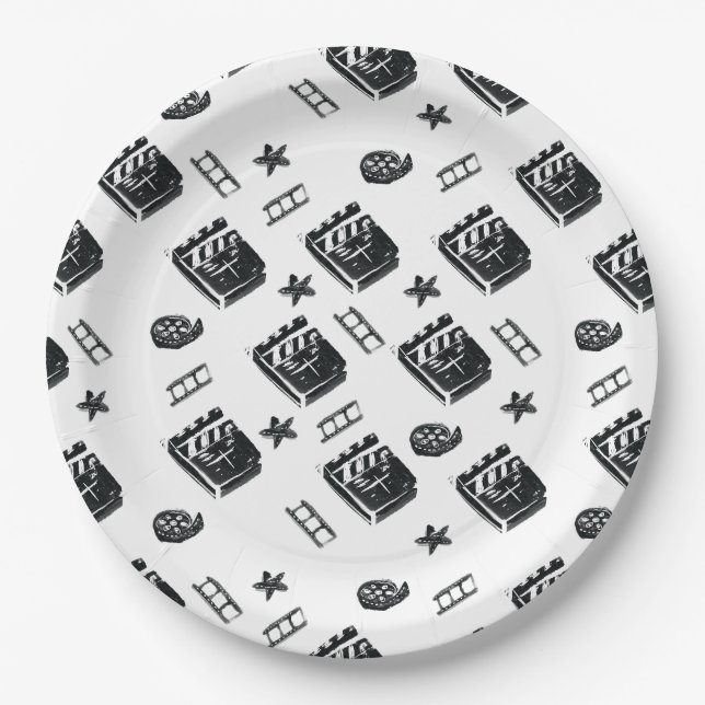Ciak Pattern with cinema symbols and clapper board Paper Plate (Front)