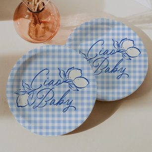 Ciao Baby Amalfi Lemon Blue Gingham Baby Shower Paper Plate