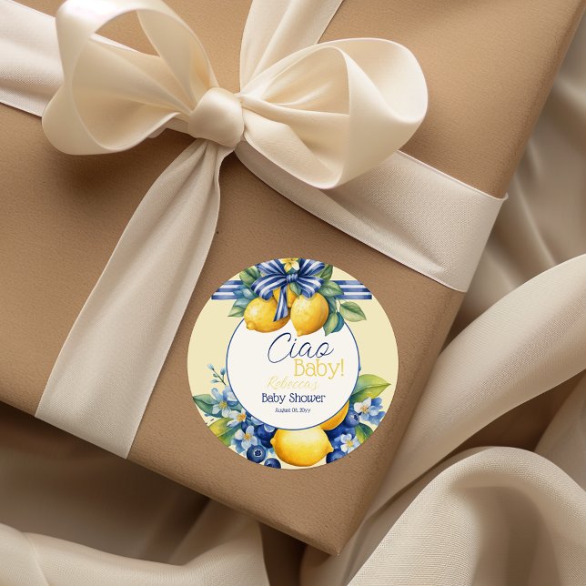 Ciao Baby Blue Bow Tile Lemon Baby Shower Classic Round Sticker (Creator Uploaded)