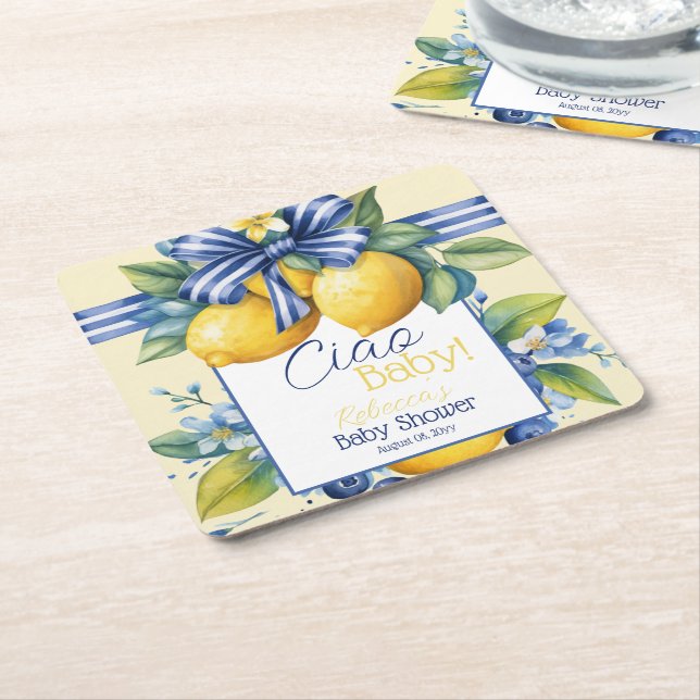 Ciao Baby Blue Bow Tile Lemon Baby Shower Square Paper Coaster (Angled)
