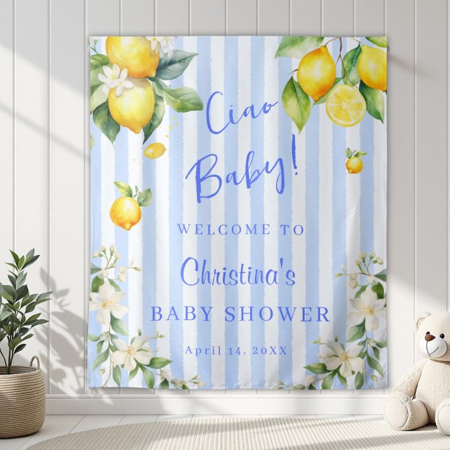 Ciao Baby Blue Citrus Lemons Baby Shower Backdrop Tapestry (Ciao Baby Blue Stripe Lemons Baby Shower Backdrop)