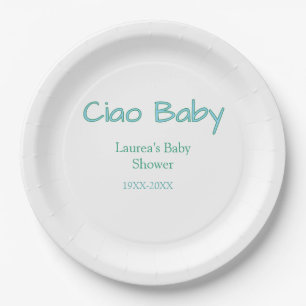 ciao baby blue green pastel baby shower name date paper plate