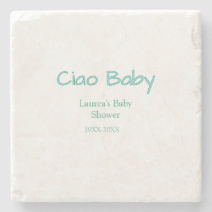 ciao baby blue green pastel baby shower name date stone coaster