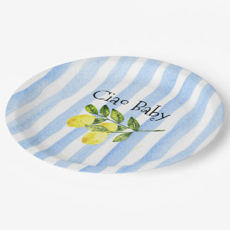Ciao Baby Blue Stripes Lemon Baby Shower  Paper Plate