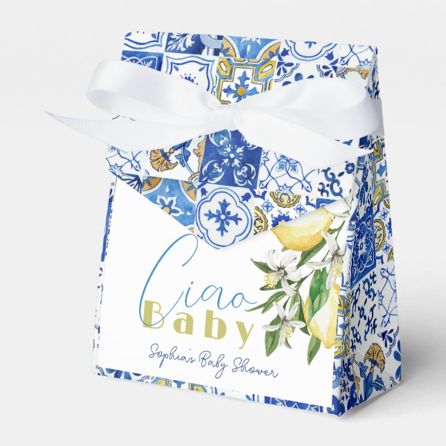 Ciao Baby Blue Tile Citrus Lemon Baby Shower Favour Box (Front Side)
