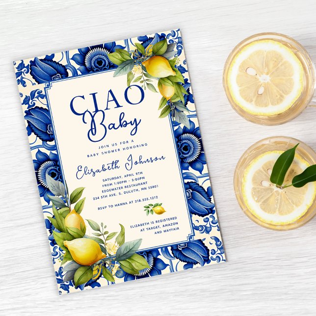 Ciao Baby Blue Tile Yellow Lemons Baby Shower Invitation (Creator Uploaded)
