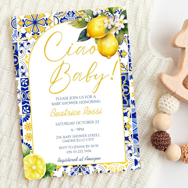 Ciao Baby Blue Tiles Lemon Amalfi Arch Baby Shower Invitation (Ciao Baby Blue Tiles Lemon Amalfi Arch Baby Shower Invitation)
