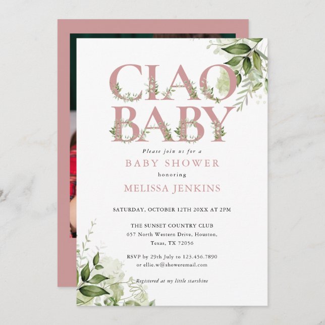 Ciao Baby Dusty Rose Greenery Photo Baby Shower Invitation (Front/Back)