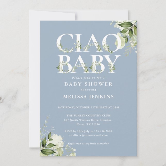 Ciao Baby Floral All In One Dusty Blue Baby Shower Invitation (Front)