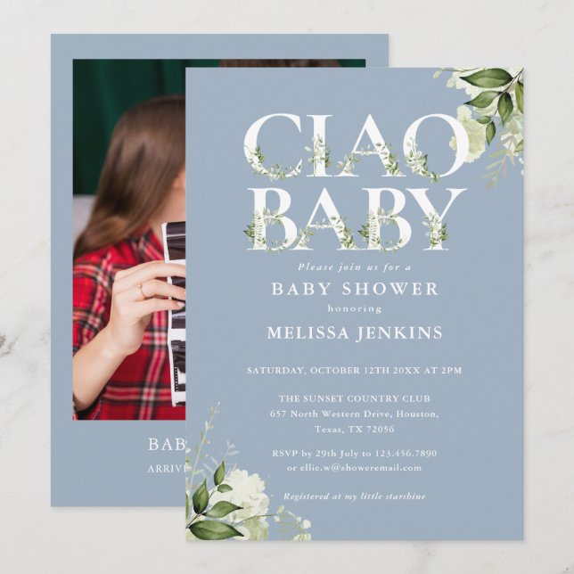Ciao Baby Greenery Photo Dusty Blue Baby Shower Invitation (Front/Back)