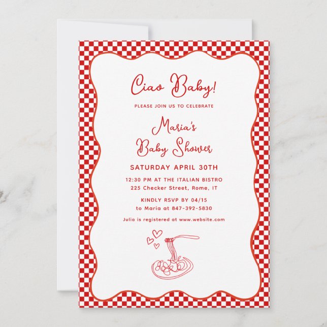 Ciao Baby! Italian Baby Shower Red Chequered Pasta Invitation (Front)