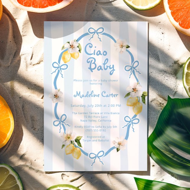 Ciao Baby Italian Lemon Blue Bows Baby Shower Invitation (Creator Uploaded)