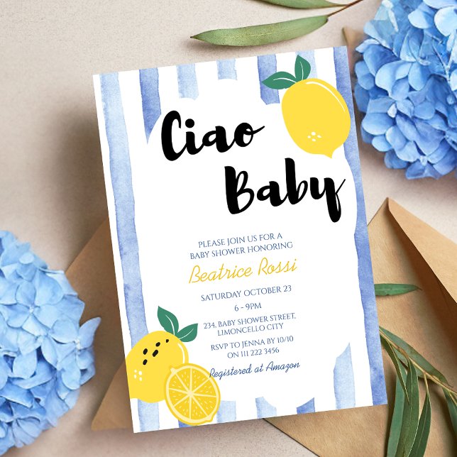 Ciao Baby Italian Whimsical Lemon Baby Shower Invitation (Ciao Baby Italian Whimsical Lemon Baby Shower Invitation)