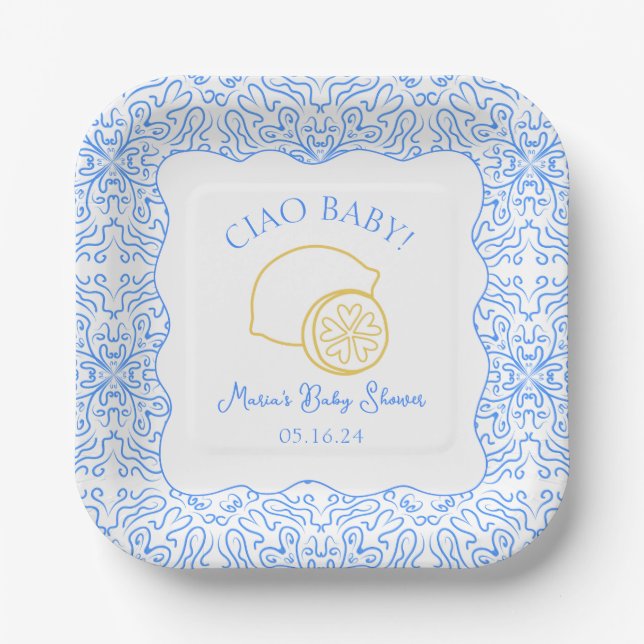 Ciao Baby! Lemon Blue Italian Baby Shower Paper Plate (Front)