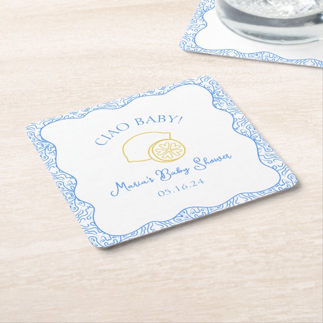Ciao Baby! Lemon Blue Italian Baby Shower Square Paper Coaster (Angled)